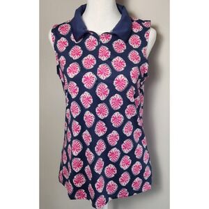 Tommy Bahama Golf Sleeveless Polo Shirt Women's M Blue Pink‎ Tropical Print